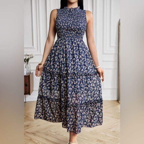 Floral Print Frill Trim Smocked Dress - Picture 1 of 4